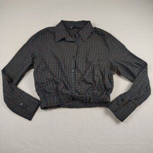 Zara Blue Plaid Shirt Cotton Button-Down Elastic Hem Crop Top Sz Small